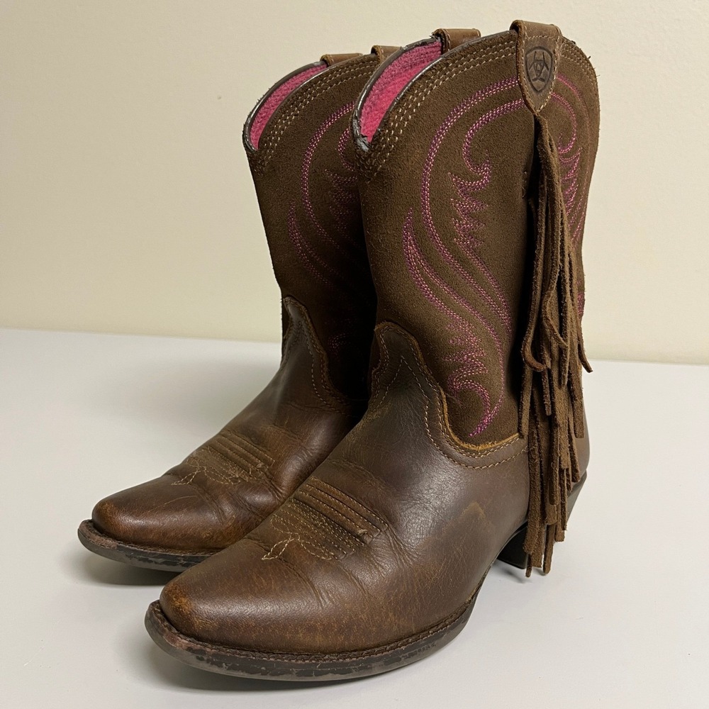 Ariat Kids Brown Leather Fringe Western Boots Pink Stitching 13.5 Cowgirl Rodeo